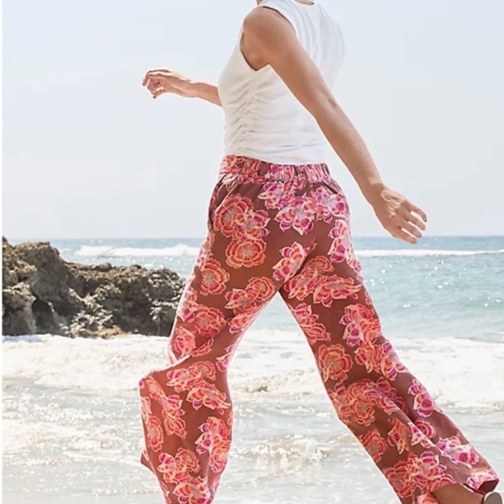 Loft Fluid Pull On Wide Leg Pants in Textured Floral Linen Blend Sz Medium